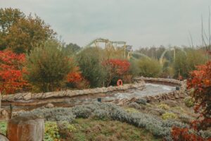 Herbstliche Parklandschaft mit Wasserlauf und Achterbahn im Hintergrund